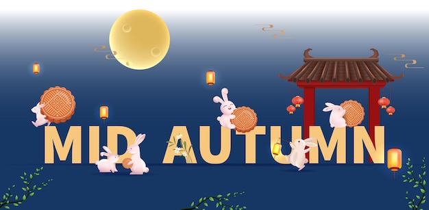 Gelukkig Mid-Autumn Festival met Red Chinese Temple Rabbit Mooncake en Flying Lantern Vector Illust