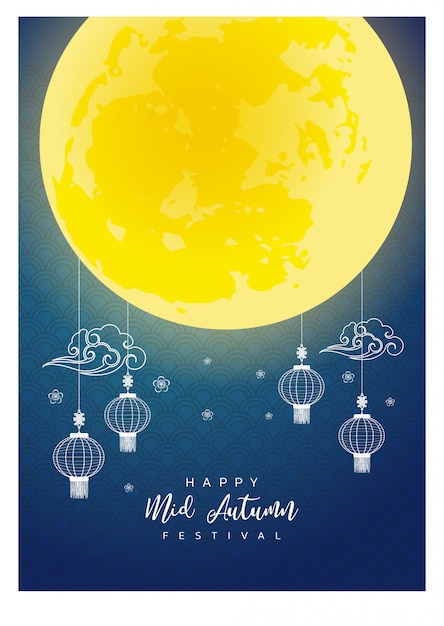 Vector gelukkig mid autumn festival-ontwerp met lantaarn en mooie volle maan