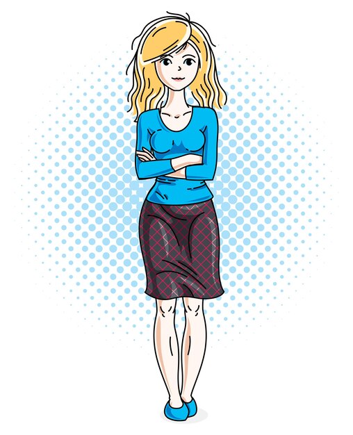 Gelukkig mooie jonge blonde vrouw permanent op moderne achtergrond met bubbels en het dragen van casual kleding. Vectorkarakter.