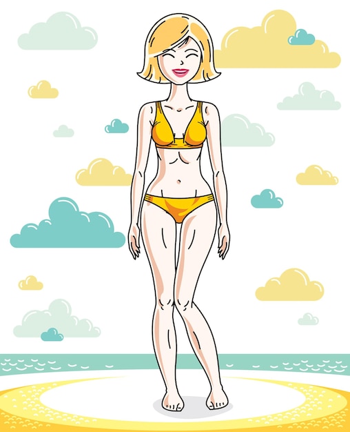 Vector gelukkig mooie jonge blonde vrouw permanent op tropisch strand en zwemmen pak dragen. vectorkarakter. zomervakantie thema.