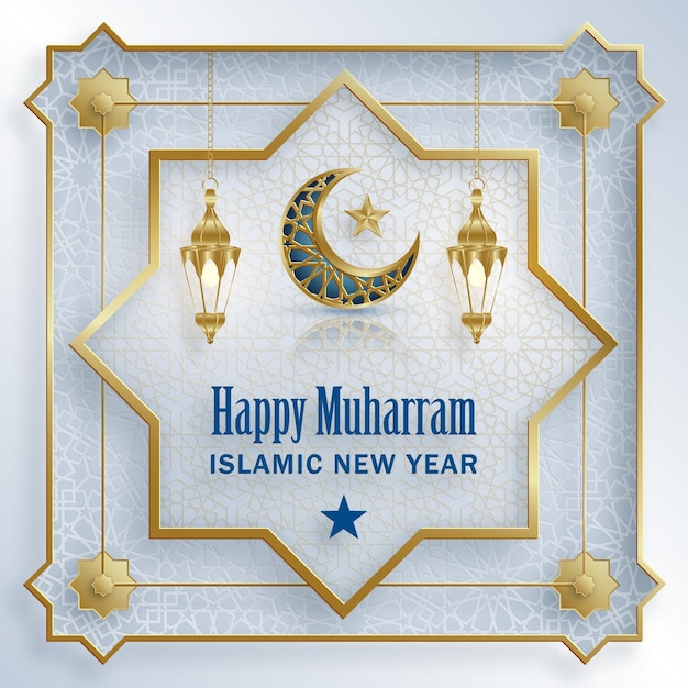 Gelukkig Muharram het islamitische Nieuwjaar nieuwe Hijri jaar ontwerp met gouden patroon op kleur achtergrond