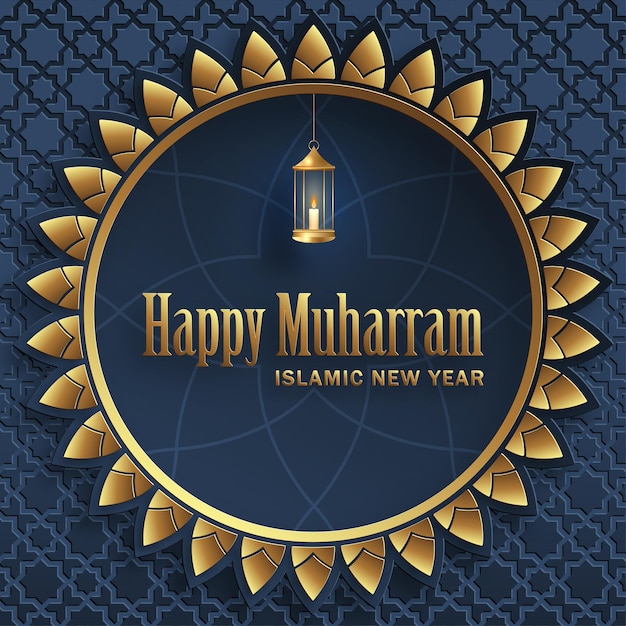 Gelukkig Muharram het islamitische Nieuwjaar nieuwe Hijri jaar ontwerp met gouden patroon op kleur achtergrond