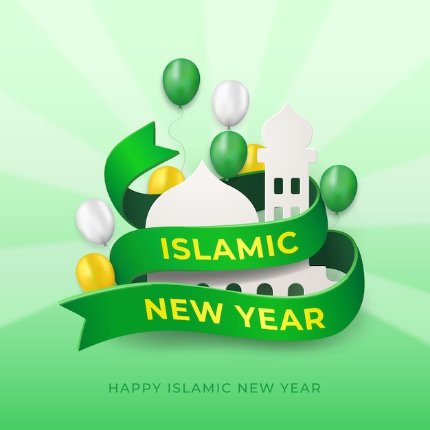 Gelukkig Muharram islamitisch nieuwjaar 3D illustratie met moskee en lint