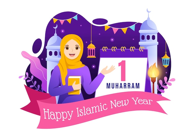 Gelukkig Muharram Islamitisch Nieuwjaar vectorillustratie met kinderen moslims achtergrondsjablonen