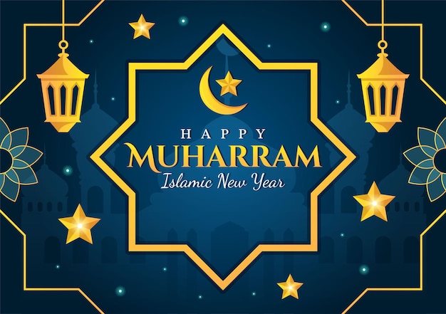 Gelukkig Muharram Islamitisch Nieuwjaar vectorillustratie met kinderen moslims achtergrondsjablonen