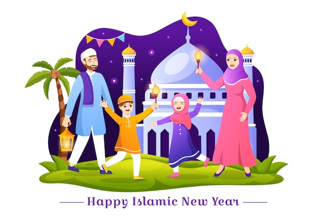 Gelukkig Muharram Islamitisch Nieuwjaar vectorillustratie met kinderen moslims in vlakke handgetekende sjablonen