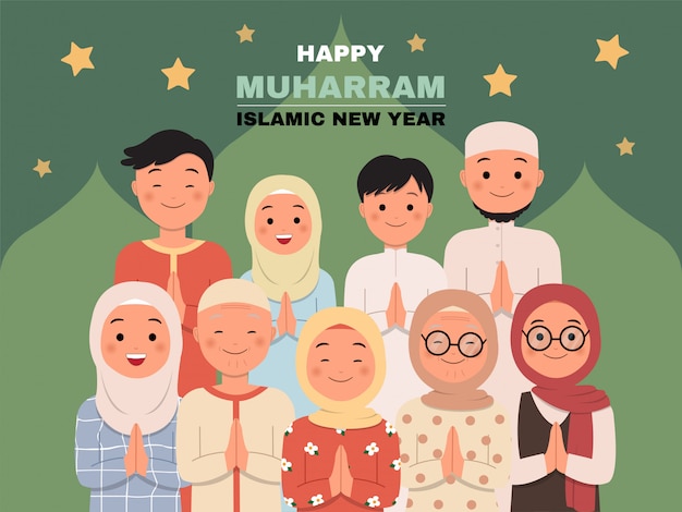 Gelukkig muharram islamitische nieuwjaar wenskaart. vlakke stijl vector.