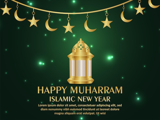 Gelukkig muharram viering wenskaart met islamitische lantaarn op patroon achtergrond