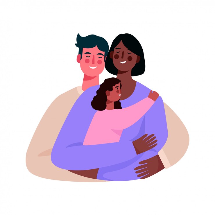 Vector gelukkig multiraciale familie. vader, afro-amerikaanse moeder en dochter samen.