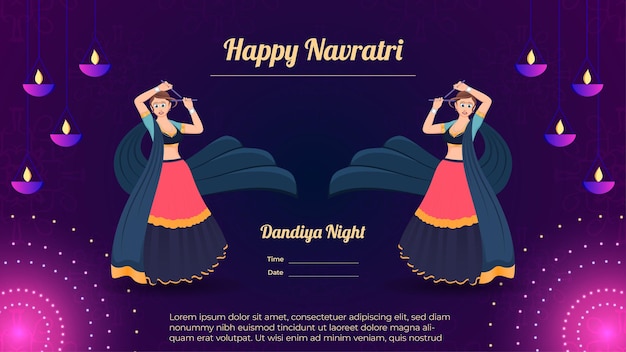 Gelukkig Navratri Traditioneel geklede vrouwenkarakter op dandiya-nachtbannervector