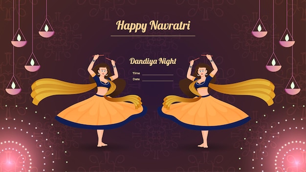 Gelukkig Navratri Traditioneel geklede vrouwenkarakter op dandiya-nachtbannervector