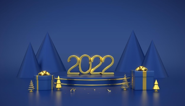 Gelukkig nieuw 2022 jaar. 3d gouden metalen nummers 2022 op blauw podium podium. scène, rond platform met geschenkdozen en gouden metalen dennen, sparren op blauwe achtergrond. vector illustratie.