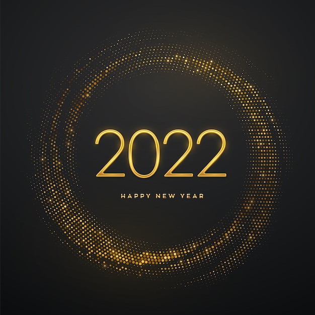 Gelukkig nieuw 2022 jaar. Gouden metalen luxe nummers 2022 op glinsterende achtergrond. Realistisch teken voor wenskaart. Barstende achtergrond met glitters. Feestelijke poster of banner. Vector illustratie.