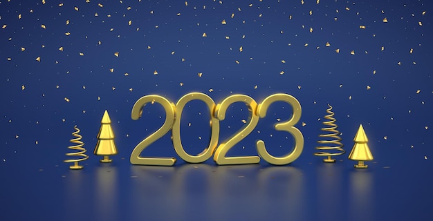 Vector gelukkig nieuw 2023 jaar 3d gouden metalen nummers 2023 met gouden metalen kegel vorm sparren bomen en confetti op blauwe achtergrond xmas achtergrond kaart kop realistische vectorillustratie