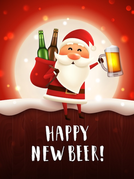 Gelukkig nieuw bier wenskaart met kerstman met ambachtelijke bierpul en een zak met bierflesjes.