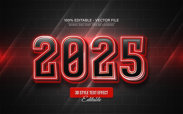 Gelukkig nieuw jaar 2025 rood neon licht tekst effect bewerkbaar