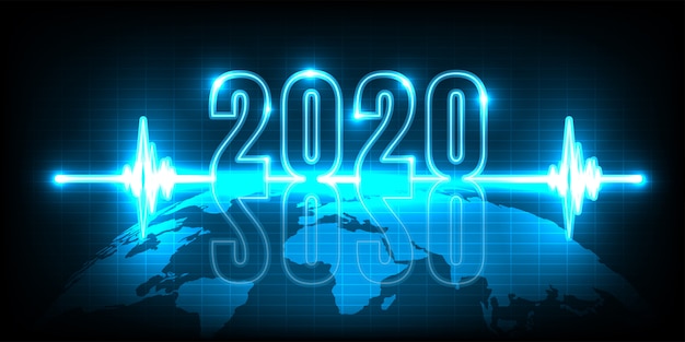 Gelukkig nieuwjaar 2020. technologiesamenvatting met gloeiend neonlicht op aarde