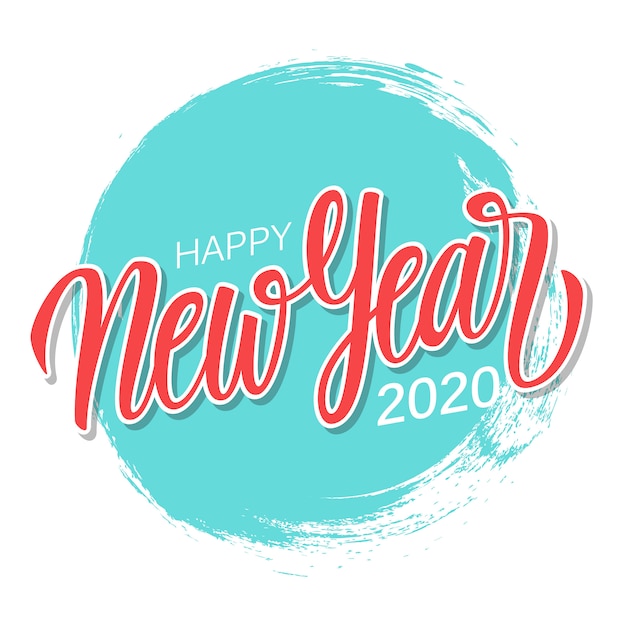 Vector gelukkig nieuwjaar 2020 wenskaart met hand getrokken belettering op blauwe cirkel penseelstreek achtergrond.