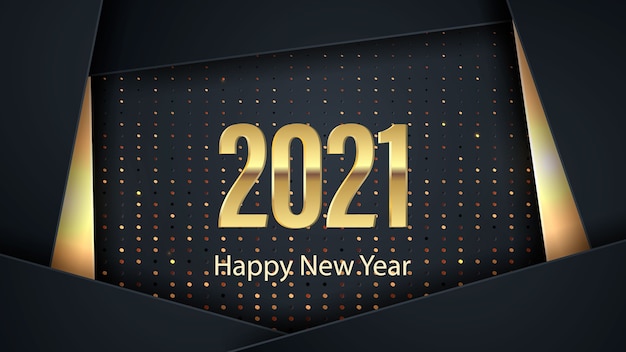 Gelukkig nieuwjaar 2021 banner. elegant ontwerp van zwarte en gouden cijfers op een zwarte achtergrond. elementen voor agenda en wenskaarten, tekst, mobiele applicaties.