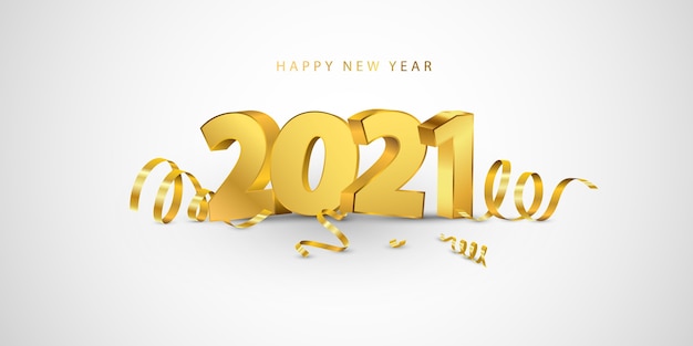 Gelukkig nieuwjaar 2021 banner. groet ontwerpsjabloon met gouden confetti.