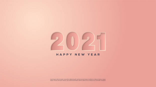 Gelukkig nieuwjaar 2021, met een illustratie van een roze nummer dat roze papier drukt.