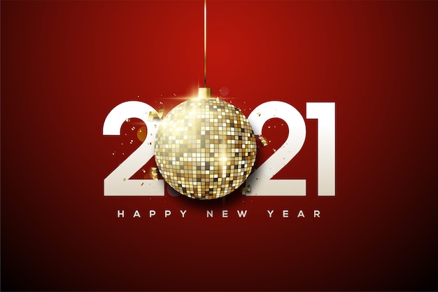Gelukkig nieuwjaar 2021 met witte cijfers en gouden discoballen.