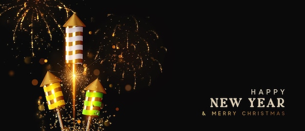 Gelukkig nieuwjaar 2021. Vuurwerk raket met glitter confetti. Feestelijk licht sprankelend flitsvuurwerk. Vier achtergrond met vuurwerk. Vakantie Realistisch 3D-object. vectorillustratie