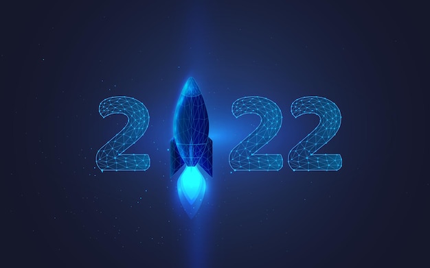 gelukkig nieuwjaar 2022 en raketsymbool van ideeën in draadmodelstijl