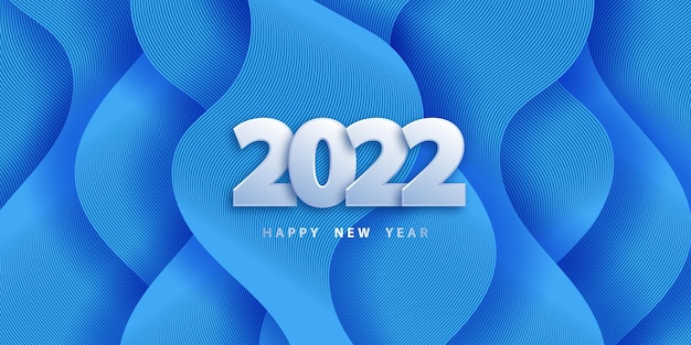 Gelukkig nieuwjaar 2022 Feestelijke blauwe achtergrond met 3D-nummers en golvende vormen