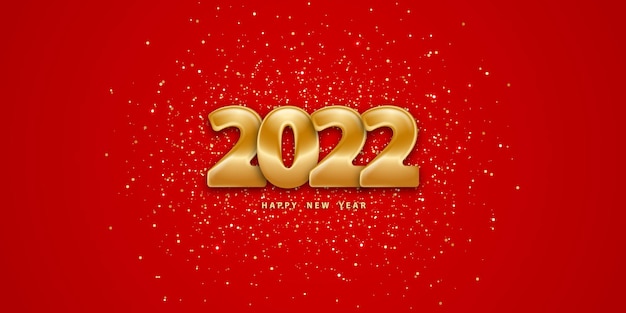 Gelukkig nieuwjaar 2022 Feestelijke rode achtergrond met gouden cijfers 3D en glitter