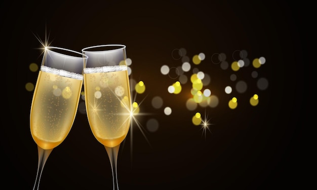 Gelukkig nieuwjaar 2022. Glazen champagne en gouden elegante belettering. Vector