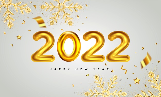 Gelukkig nieuwjaar 2022. gouden metalen nummer op lichte achtergrond. feestelijke realistische decoratie met glittersneeuwvlokken. webposter, banner, omslagkaart, brochure, flyer, lay-out. vector 3d illustratie