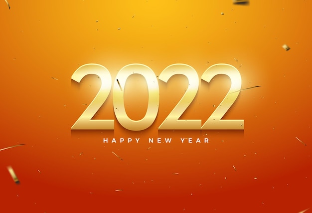 Gelukkig nieuwjaar 2022 met gloeiende gouden cijfers op oranje achtergrond
