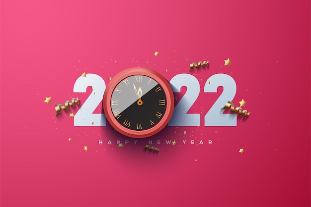 Gelukkig nieuwjaar 2022 met rode 3d klok