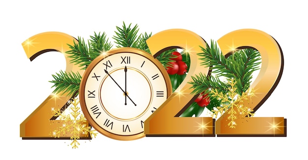 Gelukkig Nieuwjaar 2022 Nummers met gouden klok takken kerstboom geïsoleerd op een witte achtergrond