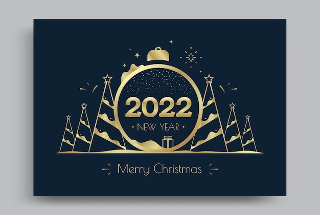 Gelukkig nieuwjaar 2022 nummers typografie wenskaart met gestileerde gouden bal kerstboom