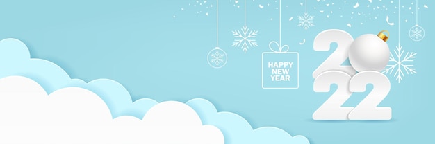 Gelukkig nieuwjaar 2022 tekst papier gesneden ornament ontwerp op wolk blauwe achtergrond Eps 10 vector
