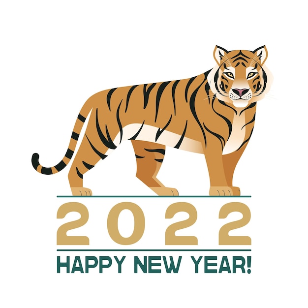 Vector gelukkig nieuwjaar 2022 tijger staande op de inscriptie happy new year 2022