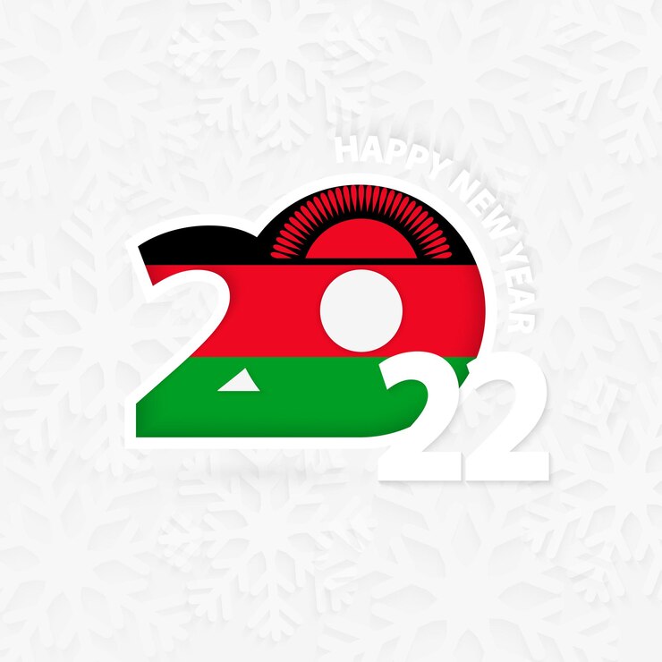 Vector gelukkig nieuwjaar 2022 voor malawi op sneeuwvlokachtergrond.