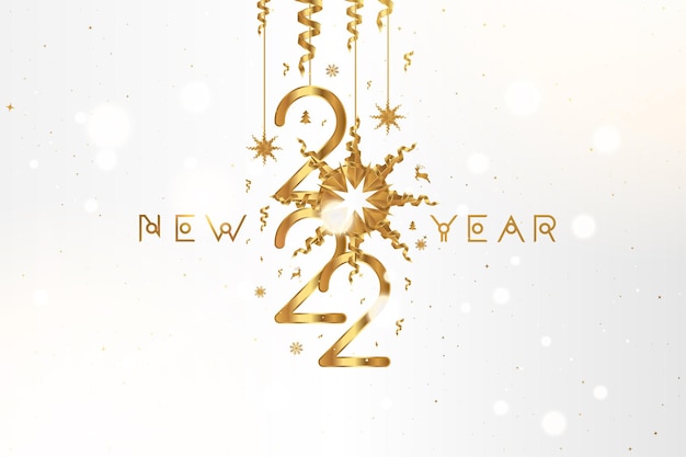 Gelukkig Nieuwjaar 2022. Wenskaart met gouden cijfers en linten op een witte achtergrond. Platte vectorillustratie Eps10.