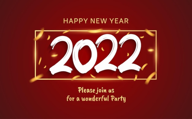 Gelukkig nieuwjaar 2022 wit nummer met feestelement geïsoleerd op rode achtergrond voor feestgebeurtenis