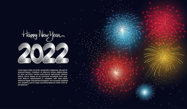 Gelukkig nieuwjaar 2022 zilveren nummer met vuurwerk geïsoleerde blauwe achtergrond voor feestgebeurtenis