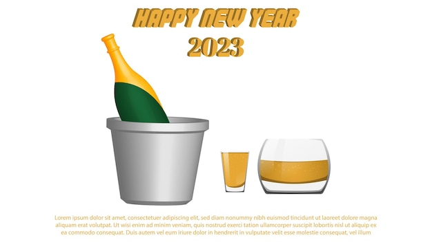 Gelukkig nieuwjaar 2023 banner gemaakt met champagnefles en glazen set vectorobjecten