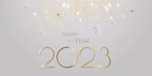 Gelukkig nieuwjaar 2023 Glitter gouden sterren achtergrond feest feestelijk ontwerp