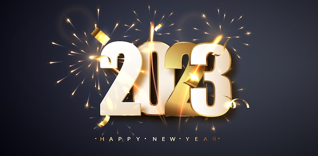 Gelukkig Nieuwjaar 2023 Groet Nieuwjaar Banner met nummers datum 2023 op de achtergrond van vuurwerk