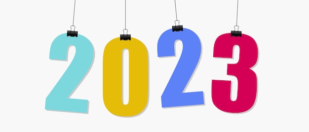 Vector gelukkig nieuwjaar 2023 hangende typografie op witte achtergrond.