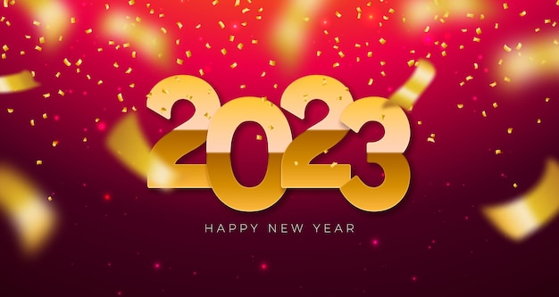 Gelukkig Nieuwjaar 2023 Illustratie met gouden nummer en vallende confetti op glanzende rode achtergrond