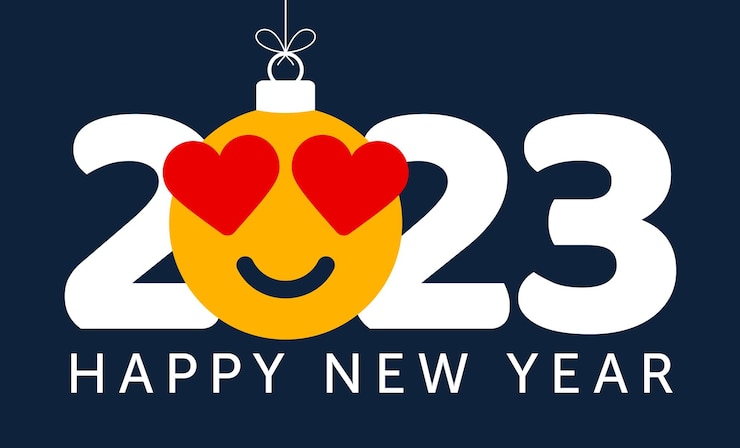 Vector gelukkig nieuwjaar 2023 met hart glimlach emotie vectorillustratie in vlakke stijl met nummer 2023 en liefde hart emotie in kerstbal hangen draad