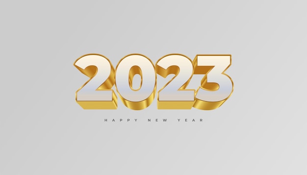 Gelukkig Nieuwjaar 2023 met witte en gouden 3D-nummers geïsoleerd op een witte achtergrond Nieuwjaar ontwerp voor Banner Poster en wenskaart