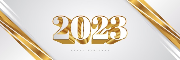 Gelukkig Nieuwjaar 2023 met witte en gouden 3D-nummers geïsoleerd op wit papier gesneden achtergrond Nieuwjaar ontwerp voor Banner Poster en wenskaart